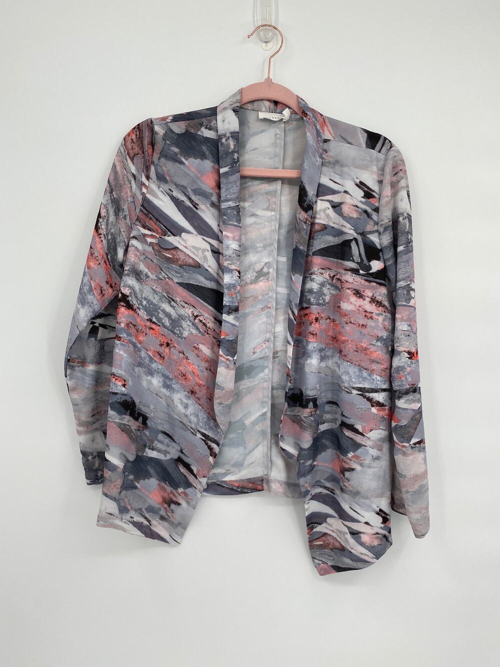 Lush Open Front Printed Long Sleeve Cardigan Small Gray Pink